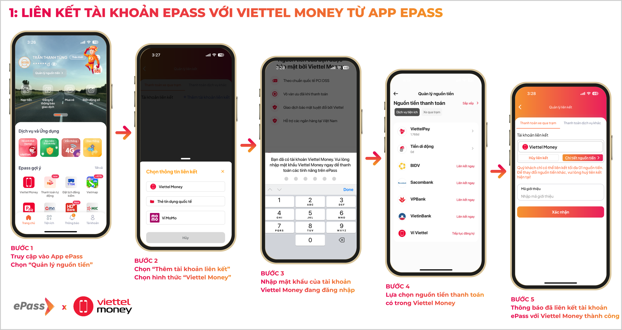 Bước 1: Vào ứng dụng ePass, chọn mục “Quản lý nguồn tiền”. Bước 2: Nhấn “Thêm tài khoản liên kết”, chọn hình thức Viettel Money. Bước 3: Nhập mật khẩu tài khoản Viettel Money đang đăng nhập. Bước 4: Lựa chọn nguồn tiền trong Viettel Money để dùng thanh toán. Bước 5: Hệ thống thông báo liên kết ePass và Viettel Money thành công. Cách liên kết ngược từ ứng dụng Viettel Money: Bước 1: Vào ứng dụng ePass, chọn mục “Quản lý nguồn tiền”. Bước 2: Nhấn “Thêm tài khoản liên kết”, chọn hình thức Viettel Money. Bước 3: Nhập mật khẩu tài khoản Viettel Money đang đăng nhập. Bước 4: Lựa chọn nguồn tiền trong Viettel Money để dùng thanh toán. Bước 5: Hệ thống thông báo liên kết ePass và Viettel Money thành công. Cách liên kết ngược từ ứng dụng Viettel Money: