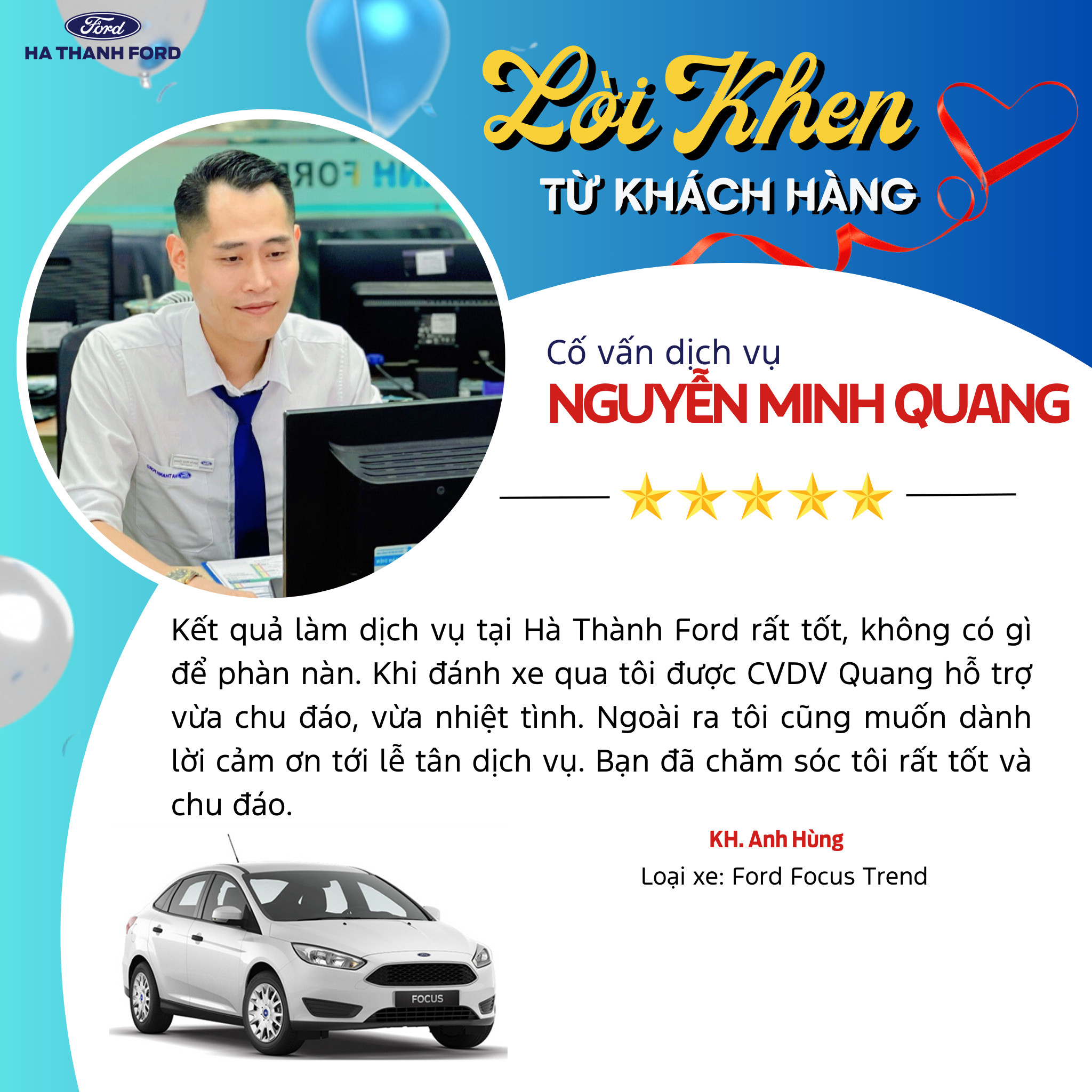 Lời khen từ khách hàng dành tặng cố vấn dịch vụ Lời khen từ khách hàng dành tặng cố vấn dịch vụ